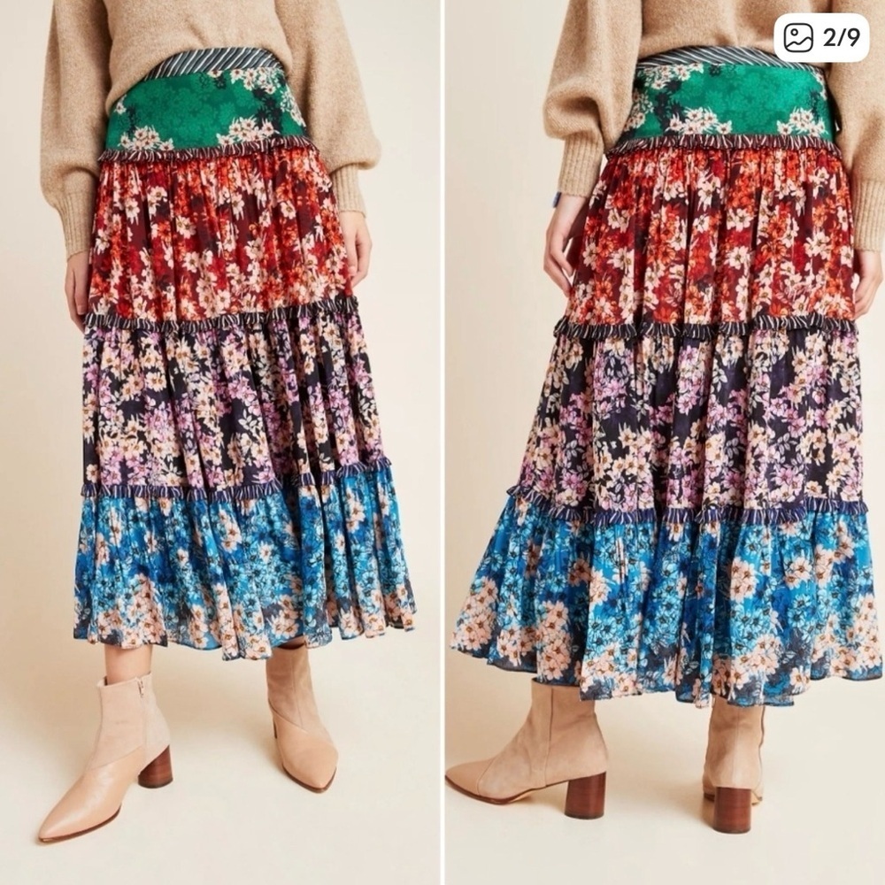 Bhanuni by Jyoti Anthropologie Bohemian Patchwork Tiered Maxi Skirt Size 14 - Picture 2 of 8